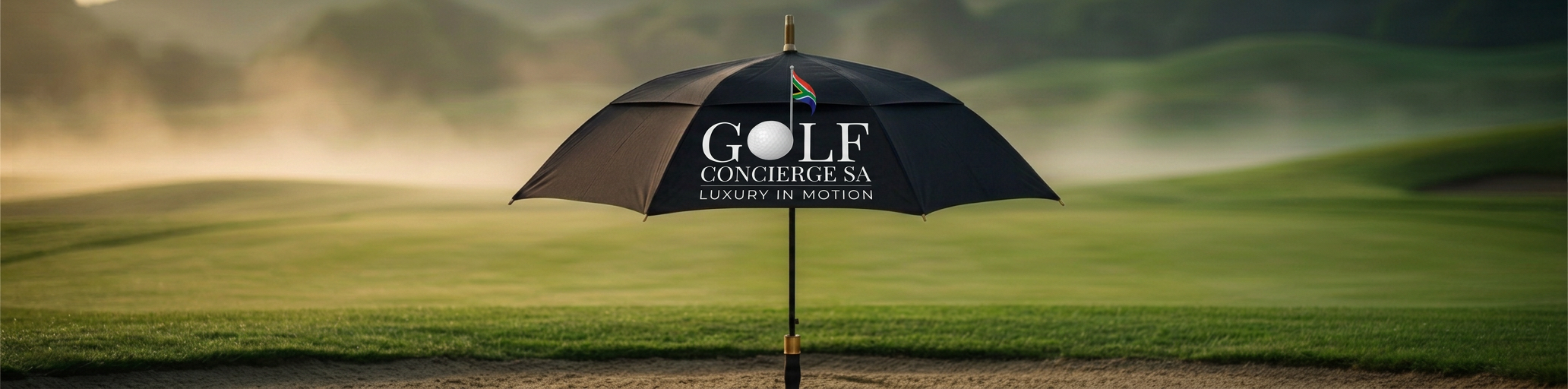 Golf Concierge SA branded golf umbrella on a championship fairway at sunrise
