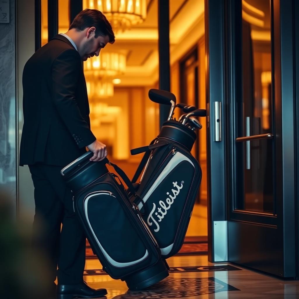 Titleist bag being hand-delivered to a luxury hotel entrance